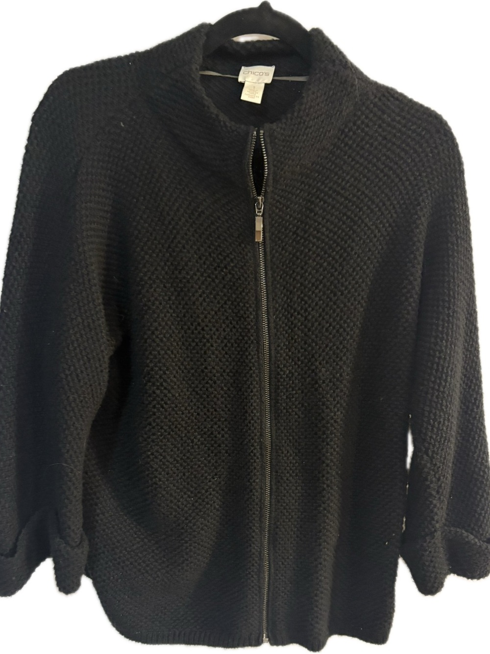 Chico's Black Textured Zip-Up Knit Jacket